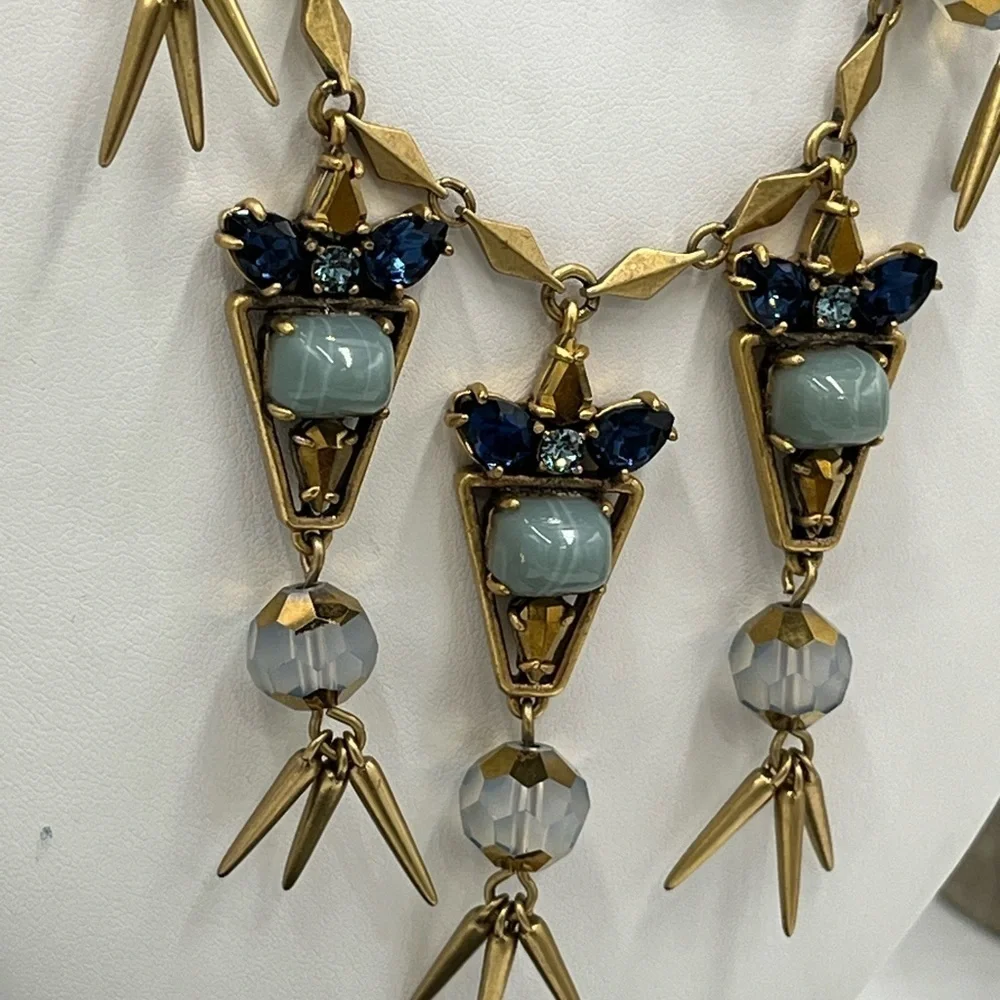 J. Crew Gold Tone Blue Aurora Borealis Blue Cabochon Spike Long Necklace New‎